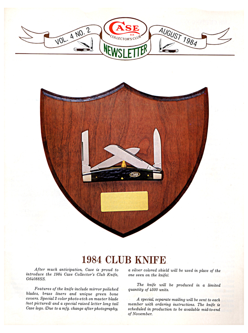 Front cover of August 1984 newsletter (1984 Club Knife shown on front)