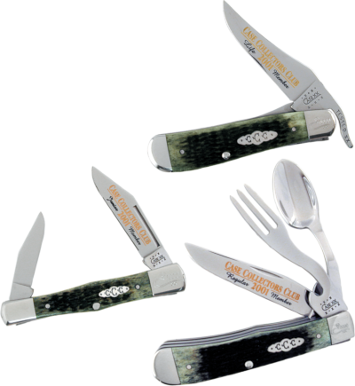 Annual club knives offered in 2001. – Rogers jigged moss green bone half-whittler, hobo, and RussLock.